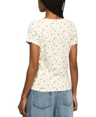 Women's Crochet Trim Short-Sleeve Henley Top