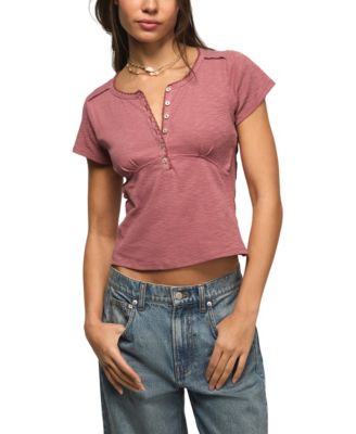 Women's Crochet Trim Short-Sleeve Henley Top