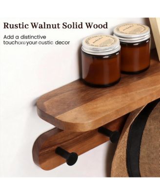 Walnut Wood Shelf & Hooks Organizer for Entryway