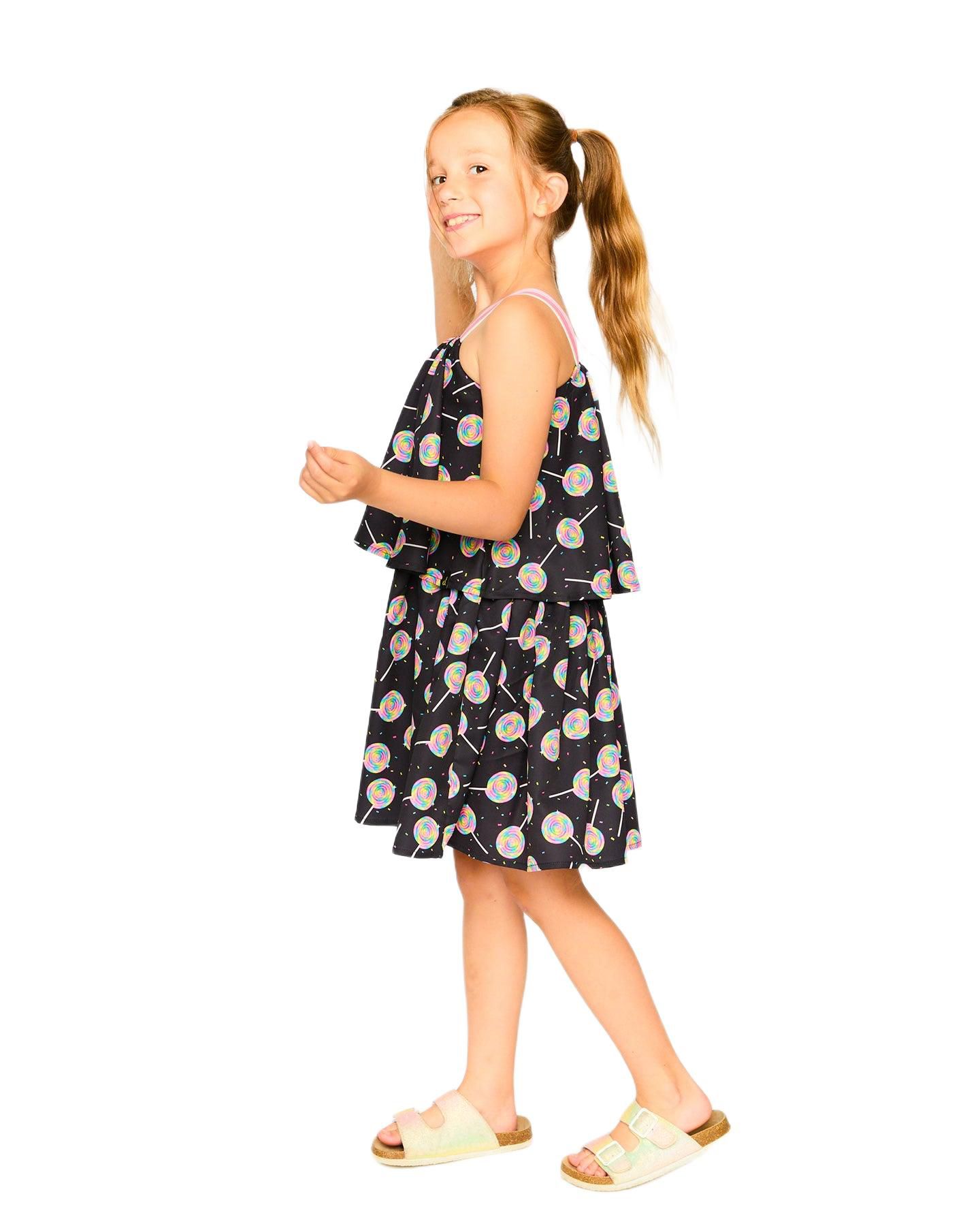 Платье Deux par Deux Woven Dress Lollipop Print для девочек, цвет: Чёрный с принтом — фото 2