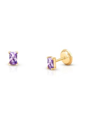 Children's 14K Gold 4mm Radiant-Cut Purple CZ Girls Studs Screw Back Earrings
