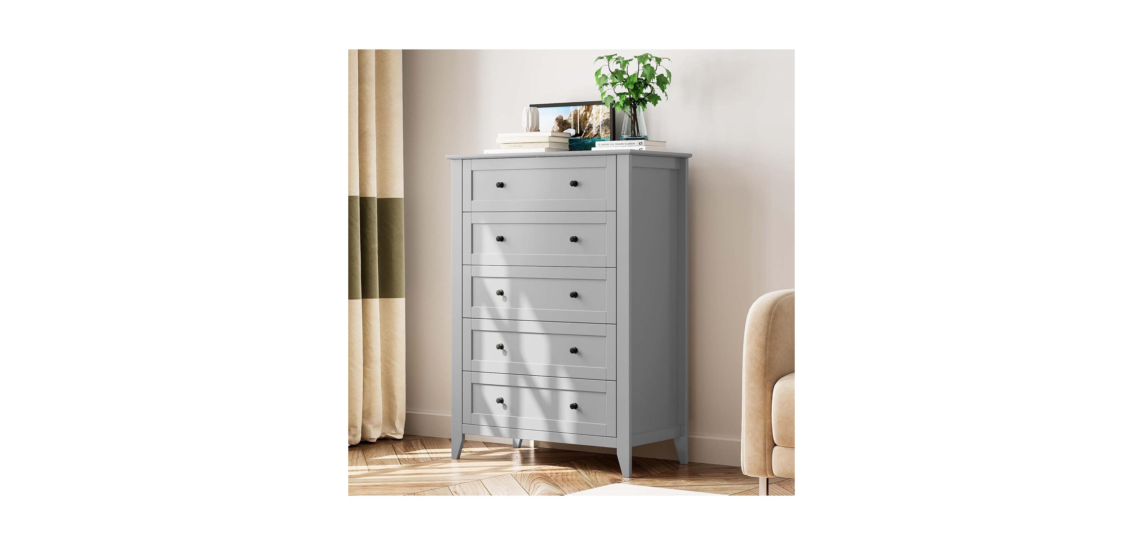 gaomon Grey 5 Drawer Dresser for Bedroom, Tall Dresser with Deep Drawers & Metal Knobs, Modern Wooden Chests of Drawers for Entryway