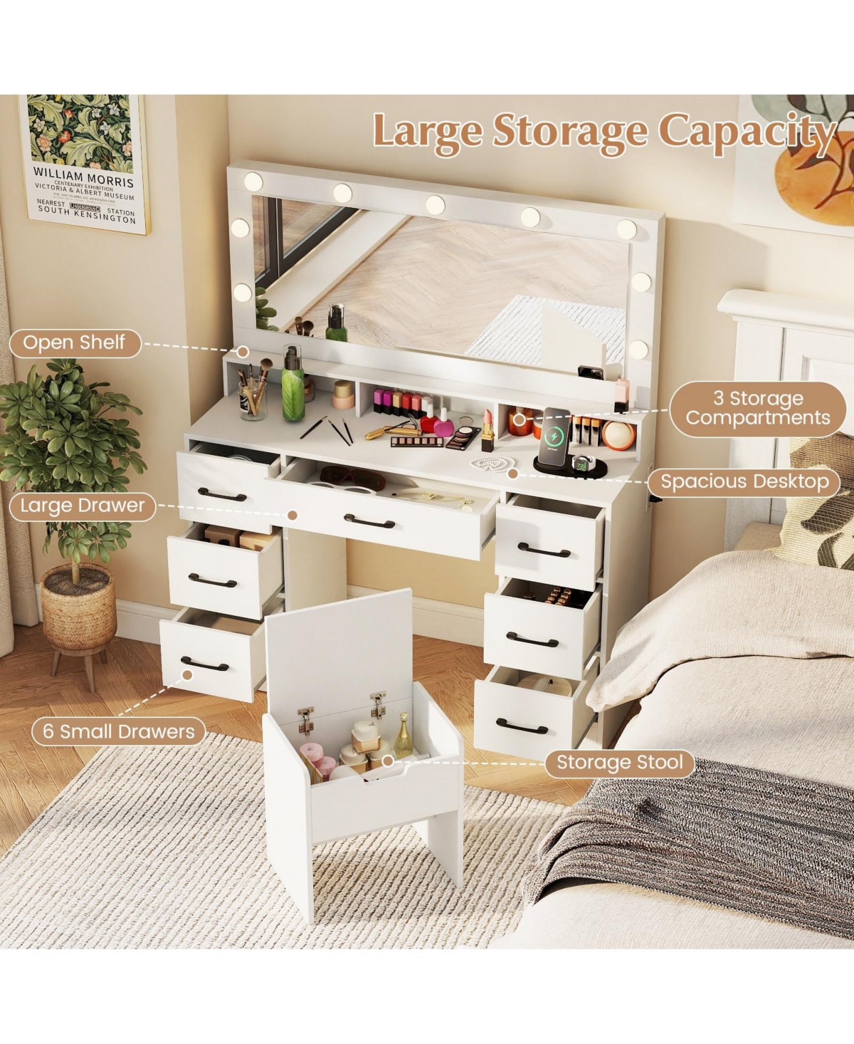 Volenca Makeup Vanity Table with Mirror and Lights, Power Outlets, Bedroom Dressing Desk