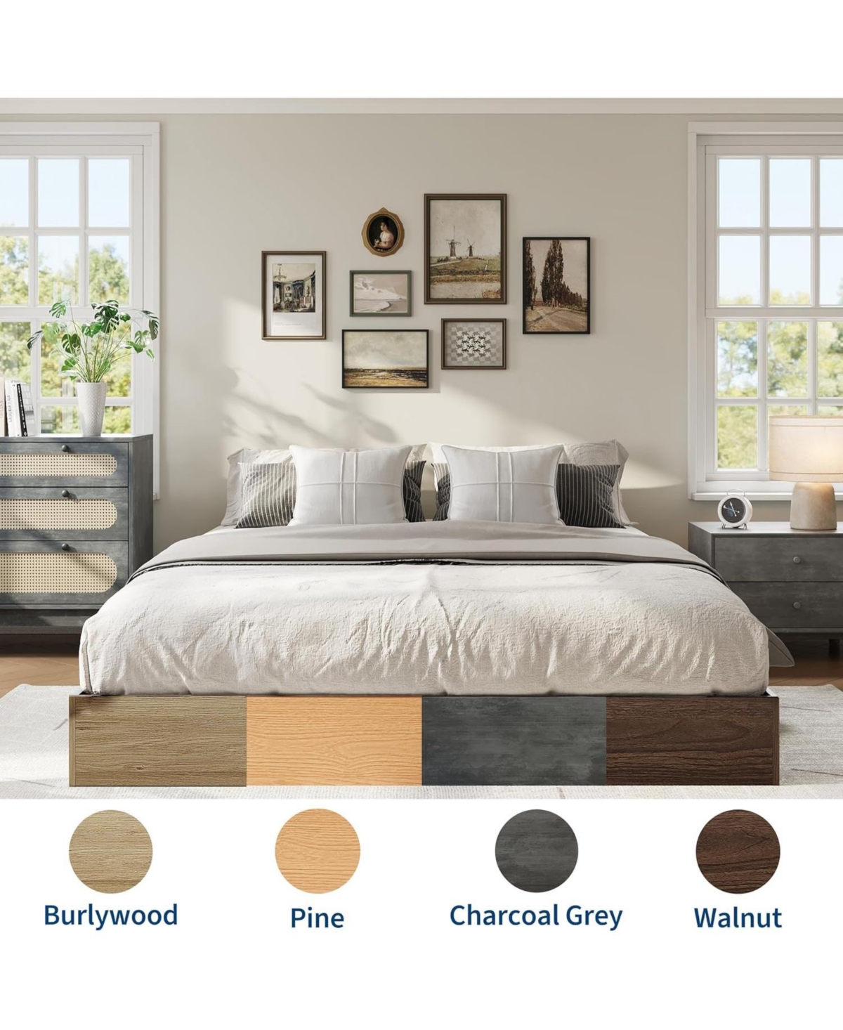 Gaomon Wood Platform Bed Frame, Solid Wood, No Headboard, Floor-Standing, Sturdy Slat Support, Box Spring Needed, Walnut