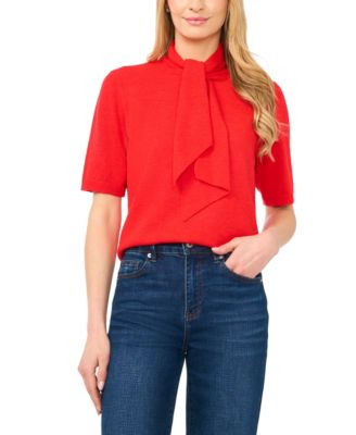 Women's Tie Neck Short-Sleeve Sweater