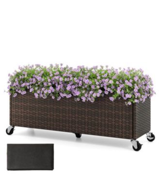 Outdoor Wicker Raised Garden Bed with Wheels and PE Liner