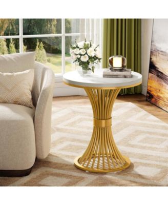 Round End Table, Modern Faux Marble Side Table with Gold Metal Base, Small Bedside Nightstand, Wooden Accent Table