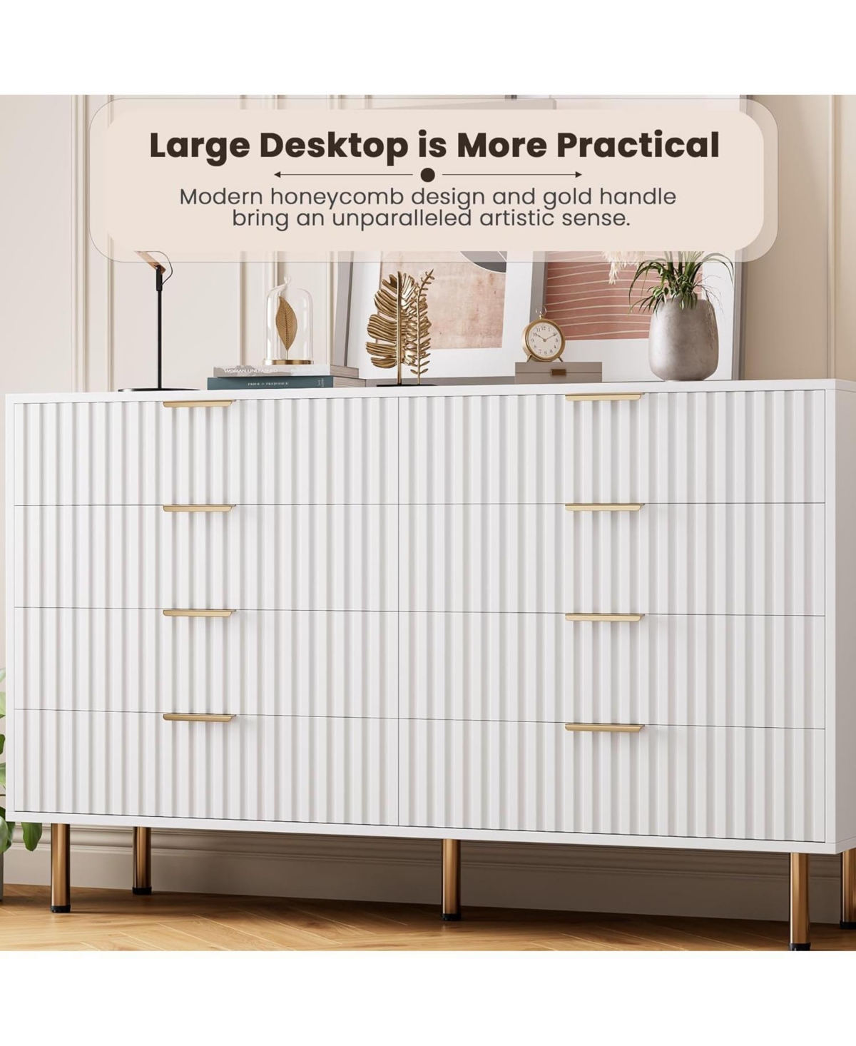 gaomon Drawer Dresser for Bedroom, Fluted Dresser with Large Drawers and Sturdy Gold Legs Support