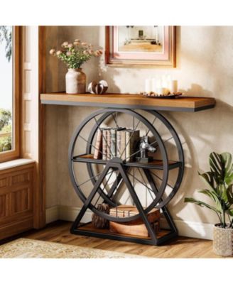 Industrial 3-Tier Console Table, 39.4" Sofa Table Entryway Table with Fixed Wheel Base, Narrow Wood Accent Tables