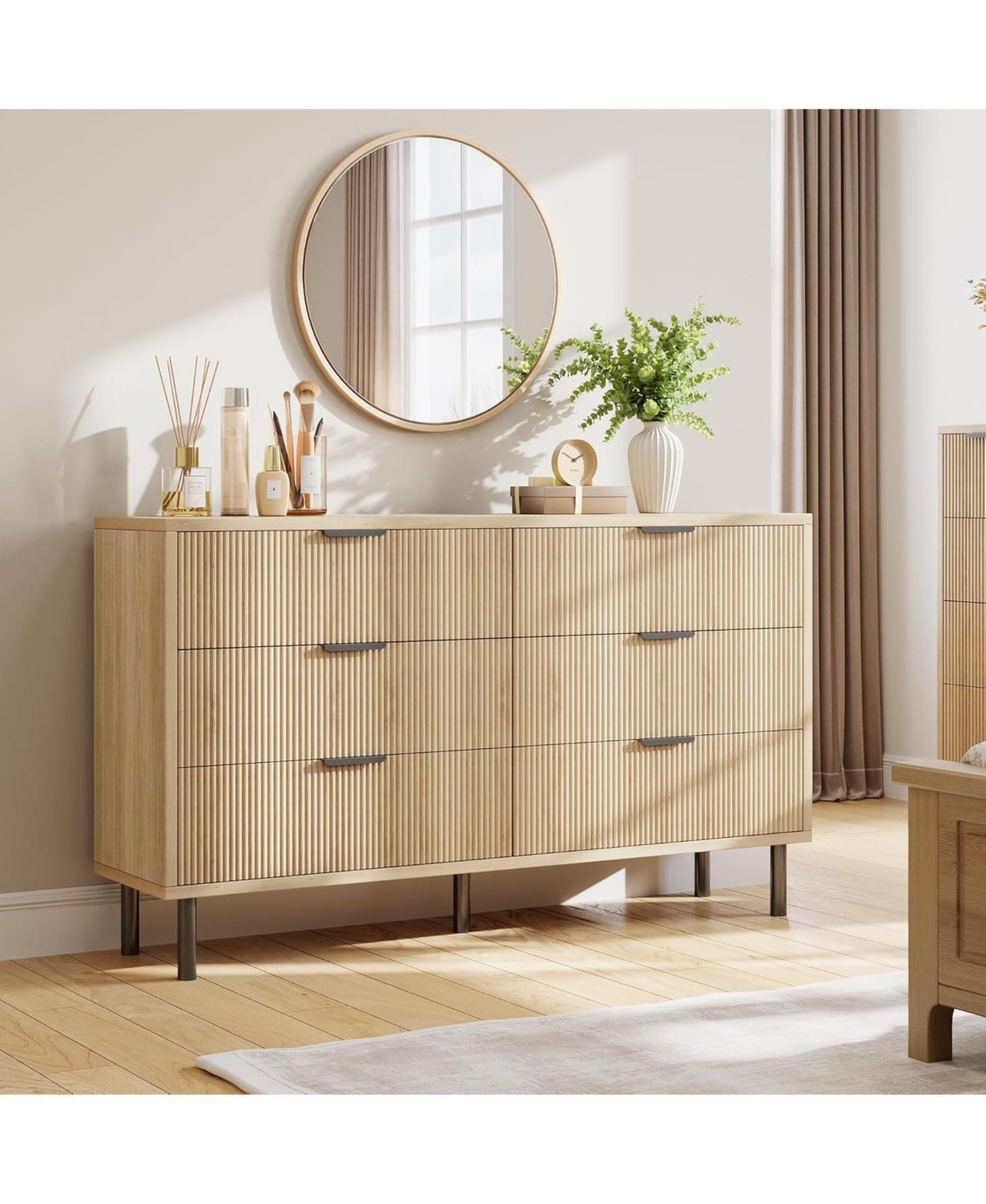 gaomon Oak Fluted 6 Drawer Dresser, Wide Wood Double Dresser with Metal Legs and Handles