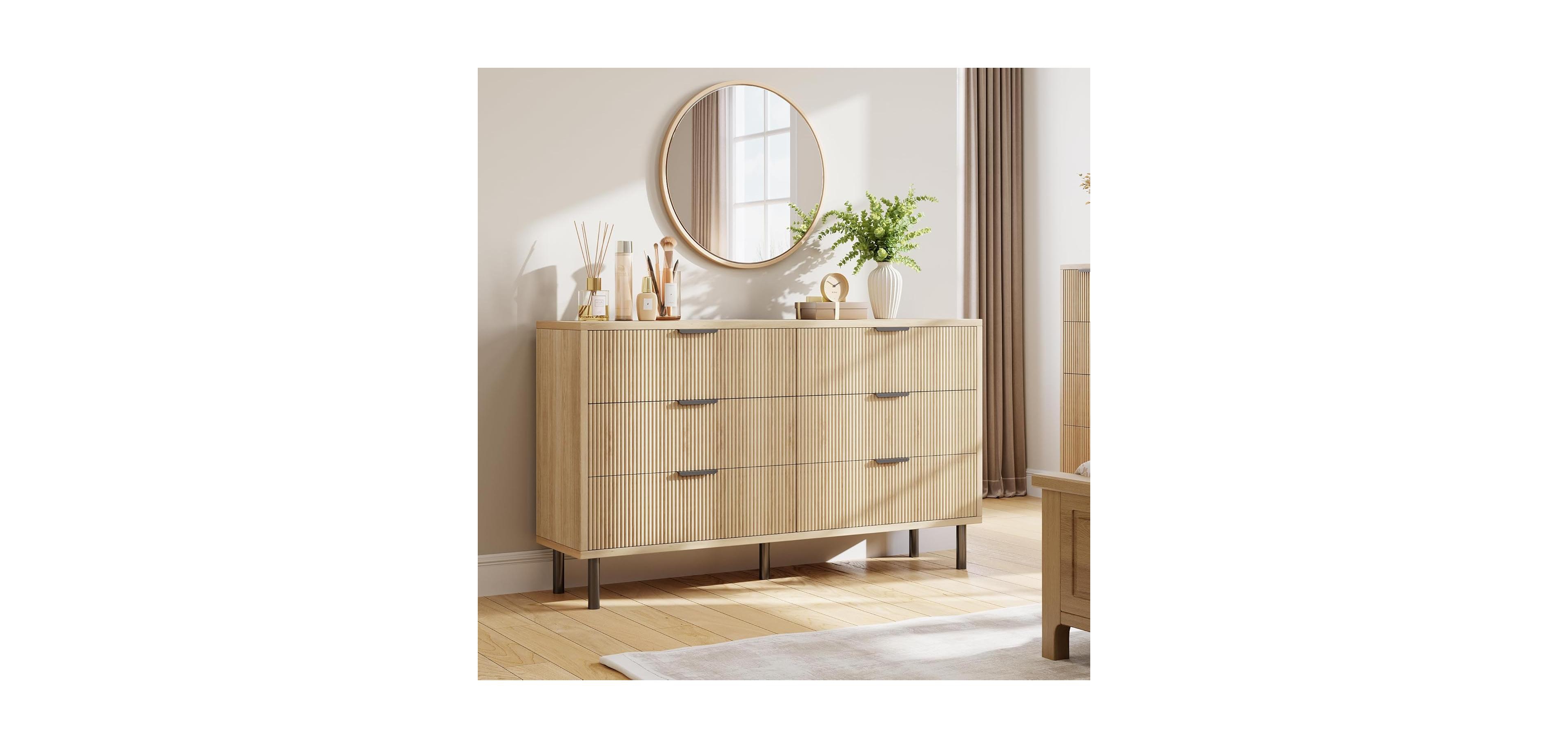 gaomon Oak Fluted 6 Drawer Dresser, Wide Wood Double Dresser with Metal Legs and Handles