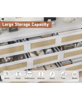 Rattan 9 Drawer Dresser with Charging Station, Farmhouse Chest of Drawers, Wide Closet Dresser Storage Organizer for Bedroom, Living Room