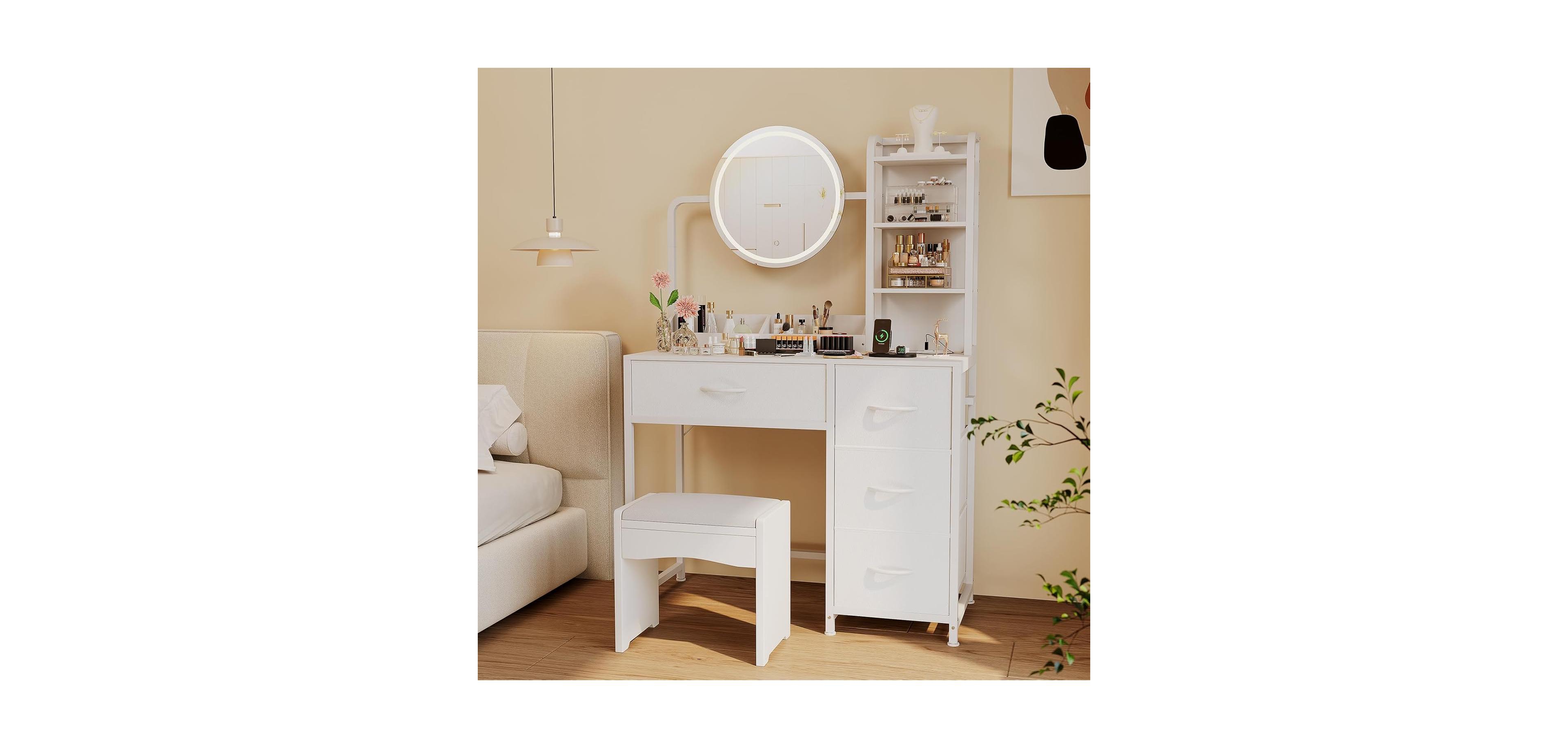 gaomon Modern Lighted Mirror Vanity, 4-Drawer Space-Saving Makeup Dressing Table for Bedroom