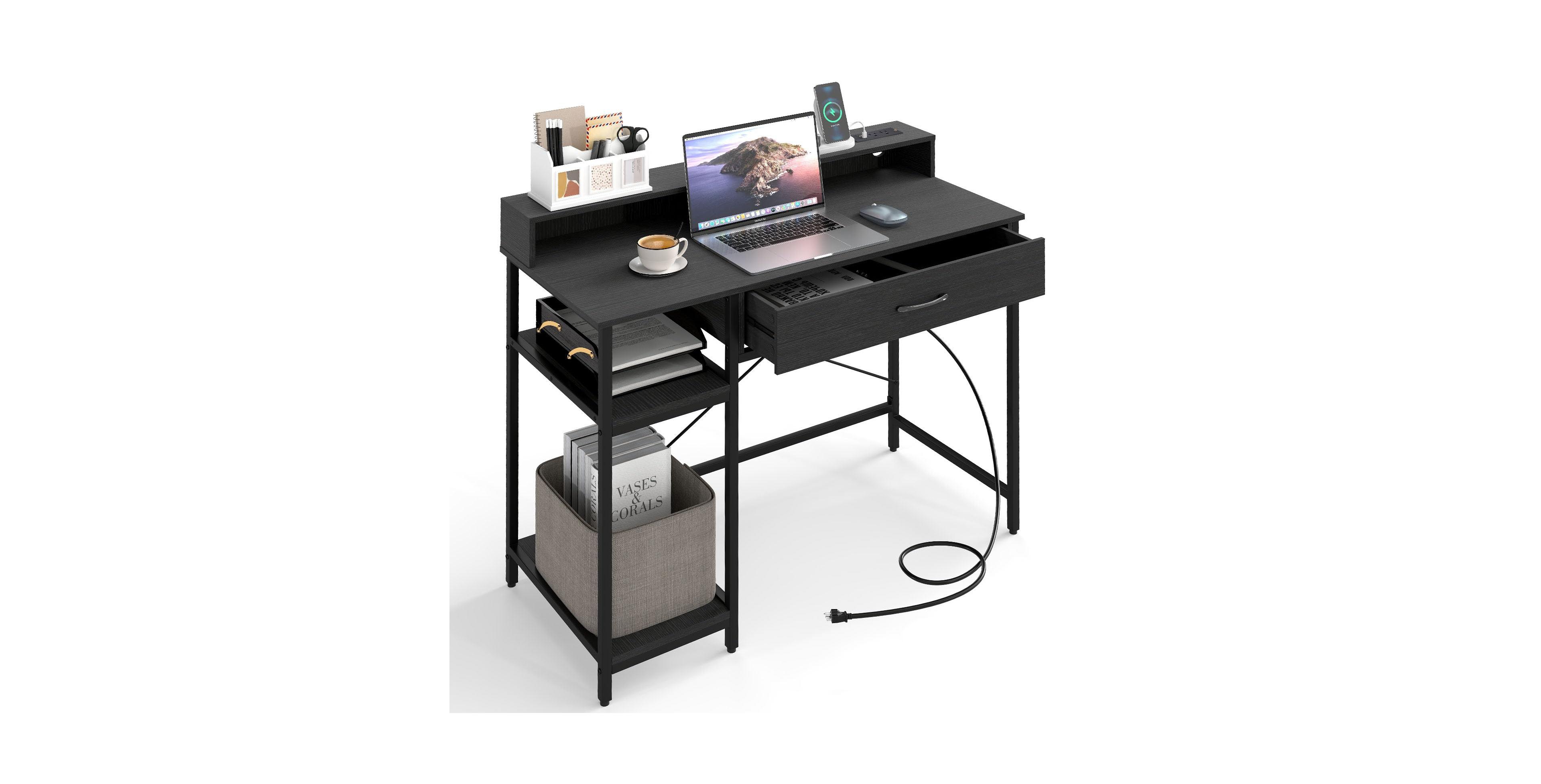 Mecale 48" Computer Desk with Monitor Stand, Drawer, and Shelves, Home Office Workstation