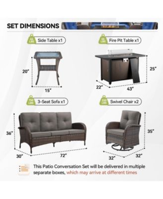 5-Piece Brown Wicker Fire Pit Conversation Set with Olefin Cushions and Patio Swivel Chairs