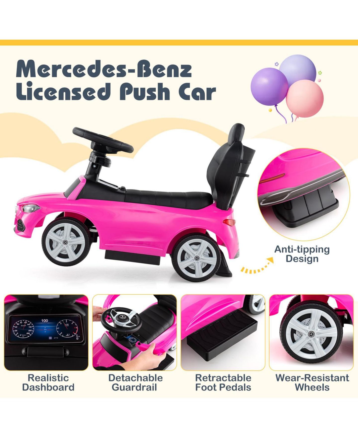 Детская игрушка Mecale 3-in-1 Mercedes-Benz Licensed Ride-On Push Car, Ages 18-36 Months, цвет: Розовый — фото 5