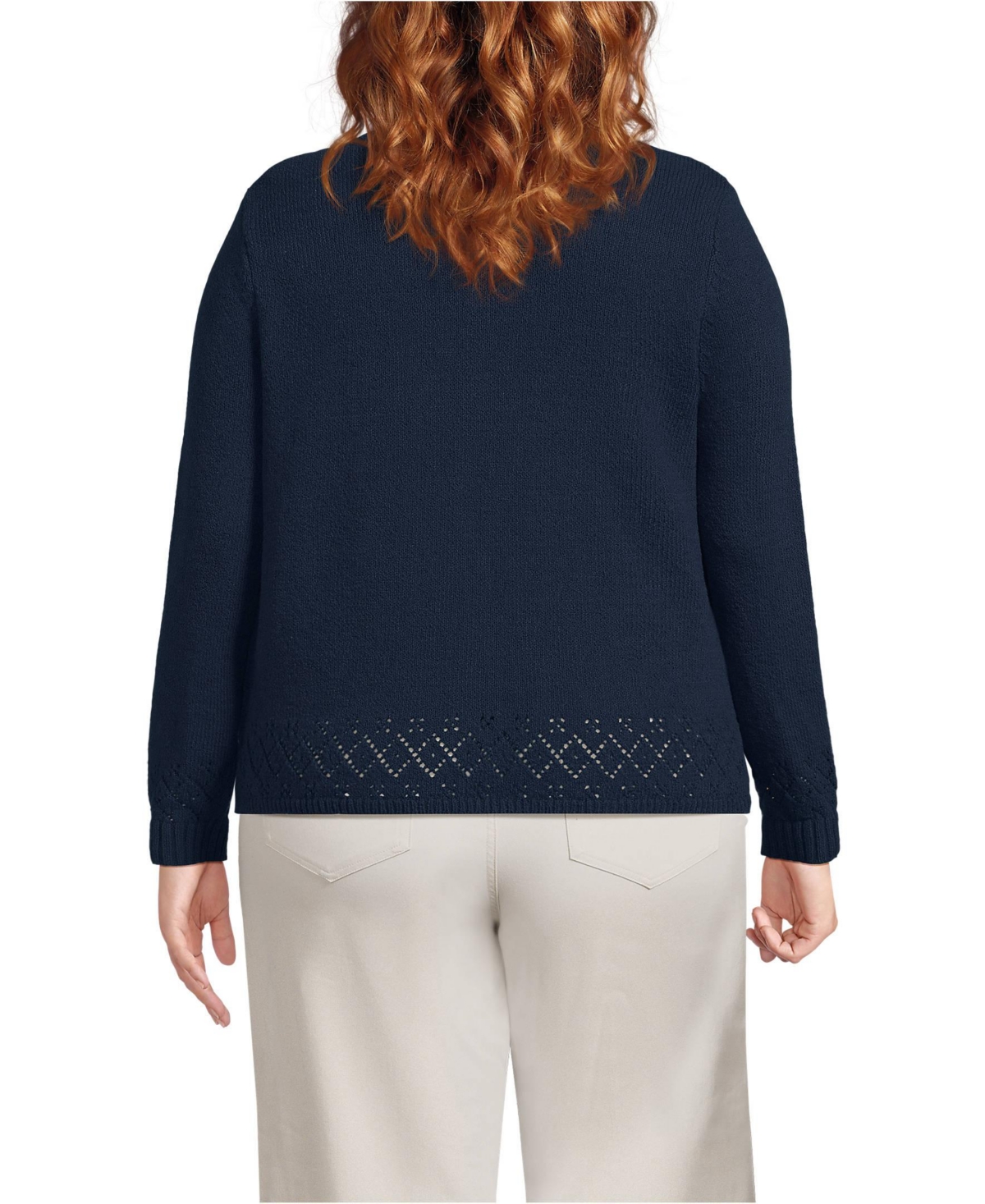 Lands' End Plus Pointelle Crew Neck Cardigan Sweater