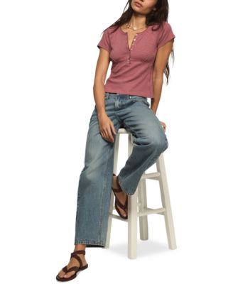 Women's Crochet Trim Short-Sleeve Henley Top