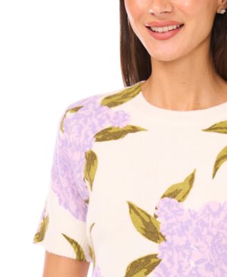 Women's Short-Sleeve Floral Crew Neck Sweater