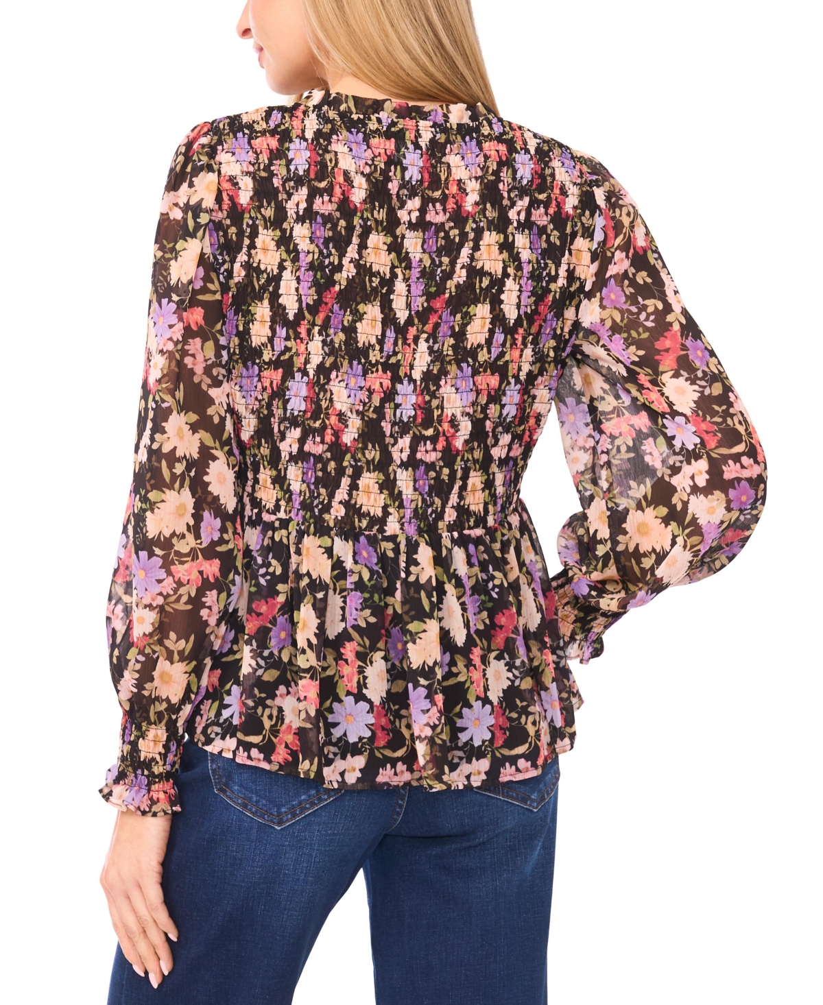 CeCe Women's V-Neck Smocked Bodice Peplum Top