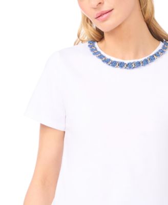 Women's Denim Chain Crew Neck Trim T-Shirt