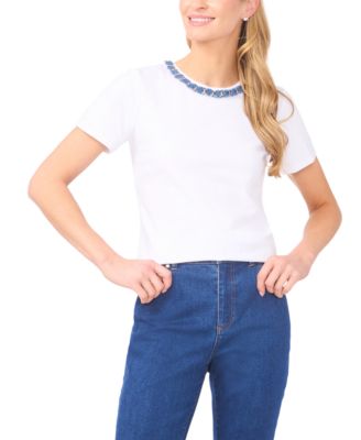 Women's Denim Chain Crew Neck Trim T-Shirt