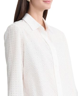 Women's Long-Sleeve Collared Neck Eyelet Shirt