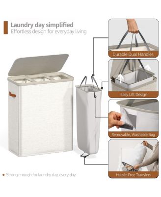 3-Compartment Laundry Basket with Removable Laundry Bag - Durable Organizer for Bathroom, Bedroom, or Laundry Room - Space Saving Design