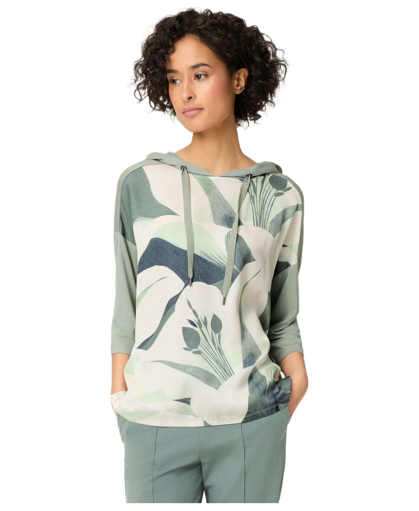 Женская футболка Olsen Mixed Media Leaf Print with Hood — фото 1