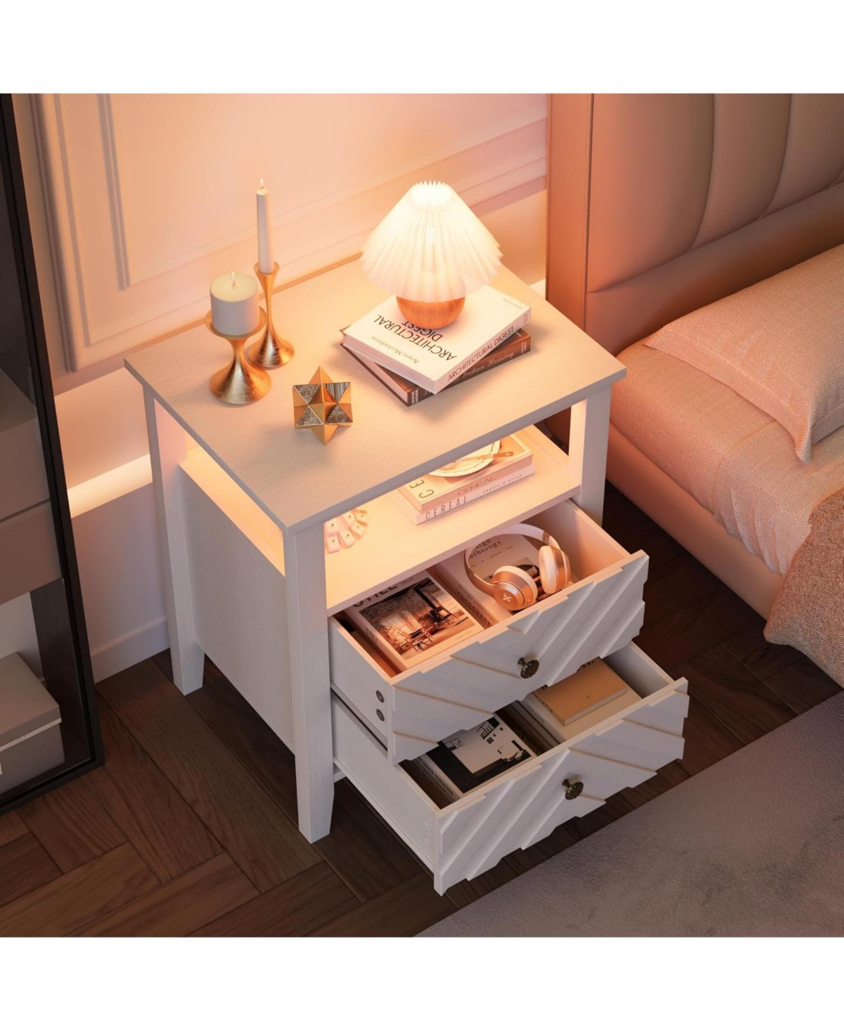 gaomon Led Night Stand with 2 Storage Drawers and Stable Wooden Legs，Farmhouse Nightstand w/V-Shaped Design，Wooden Rustic Bedside Table