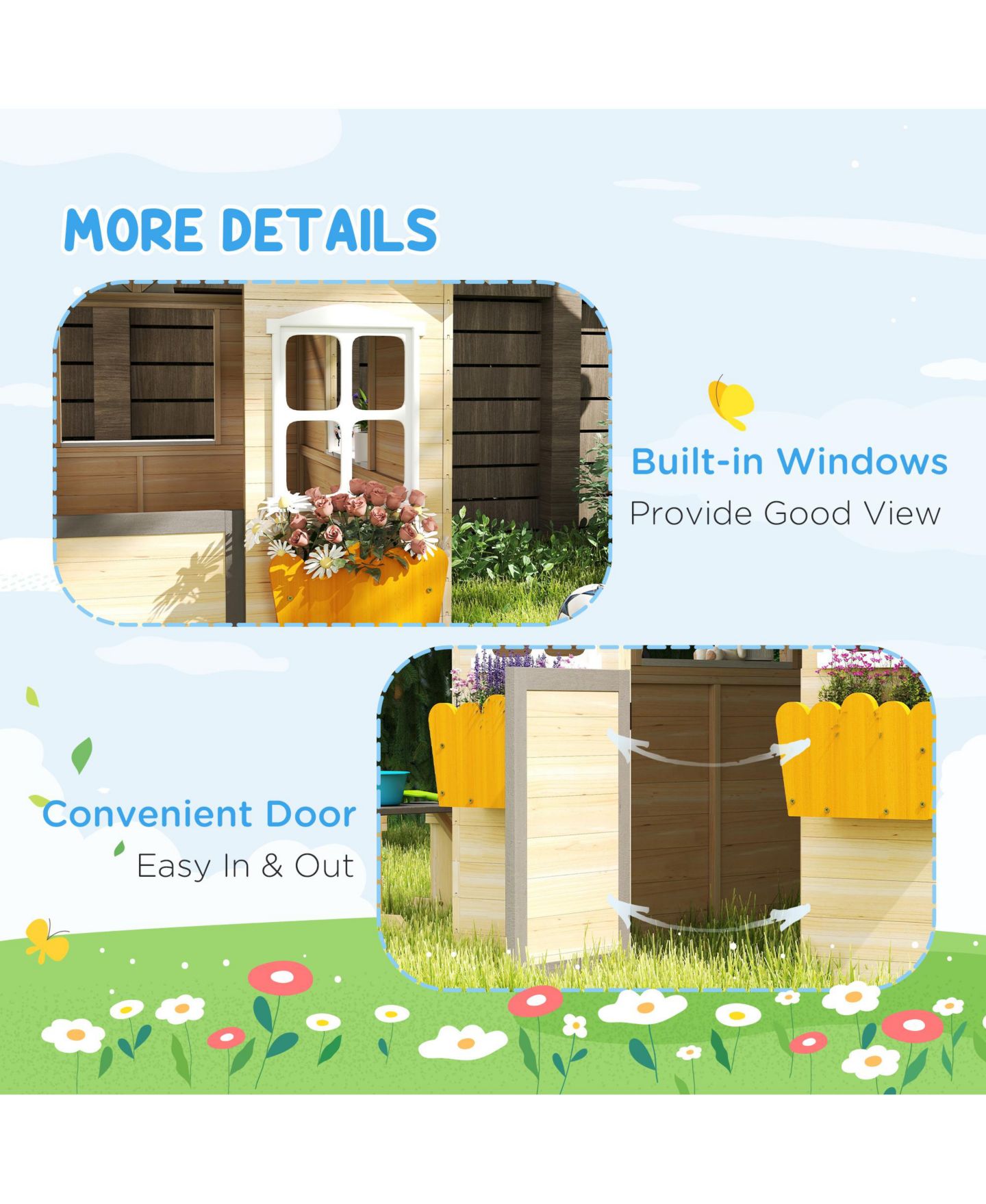 Детская игрушка HONGGE Outdoor Playhouse with Door, Windows & Bench, 44.5" W x 37" D x 53" H, Ages 3-7, цвет: Натуральный — фото 7