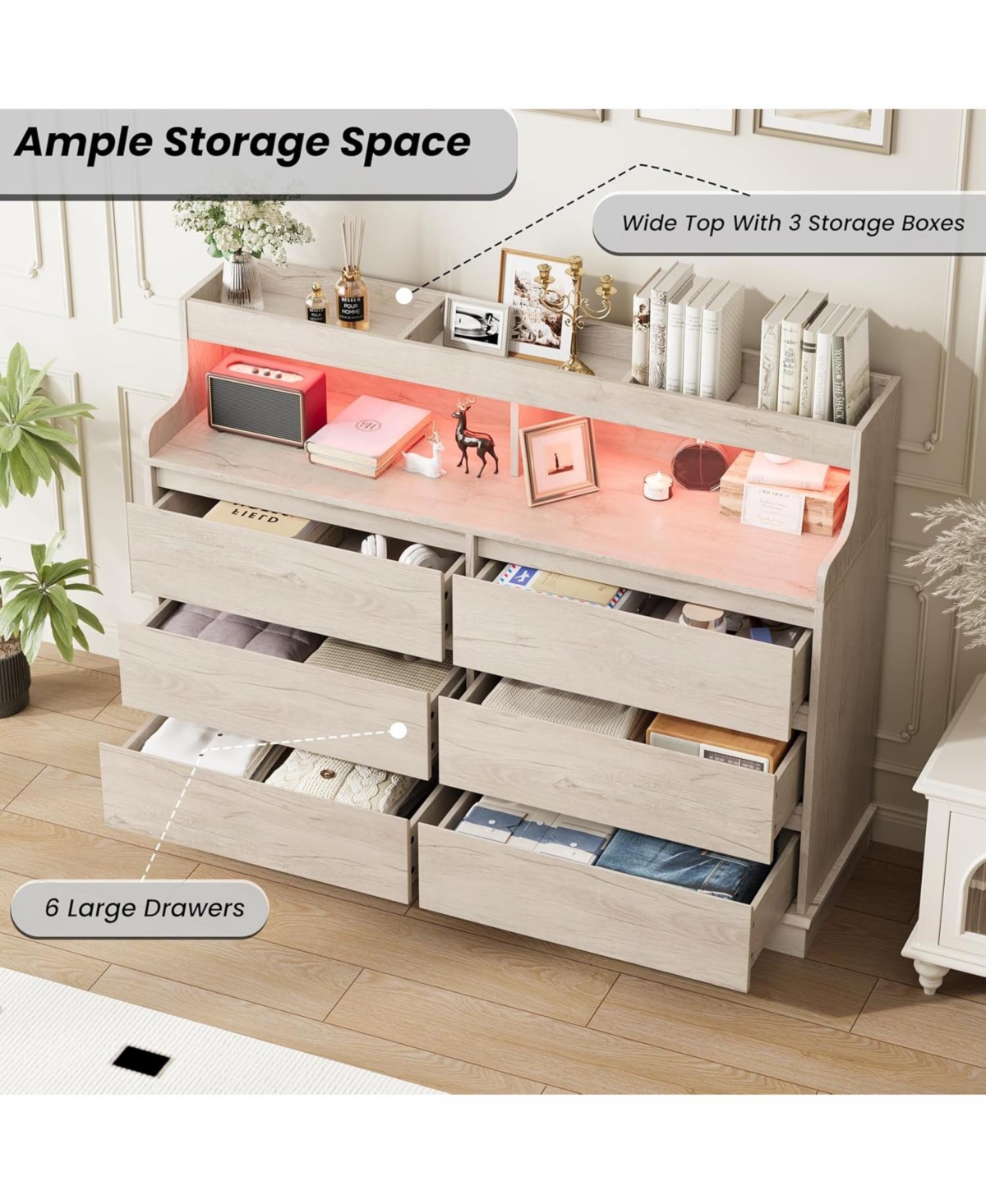 Gaomon 6 Drawer Dresser for Bedroom with Led Lights and Charging Station, Wooden Chest of Drawers with Spacious Top for Closet, Hallway, Living Room