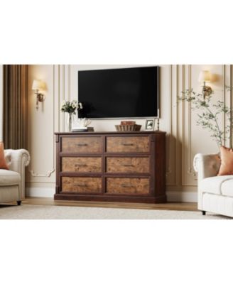 Dresser & Armoires 47" Farmhouse 6 Drawer Dresser, Rustic Wood Chest Organizer, Bedroom Storage Cabinet for Living Room, Hallway, Entryway