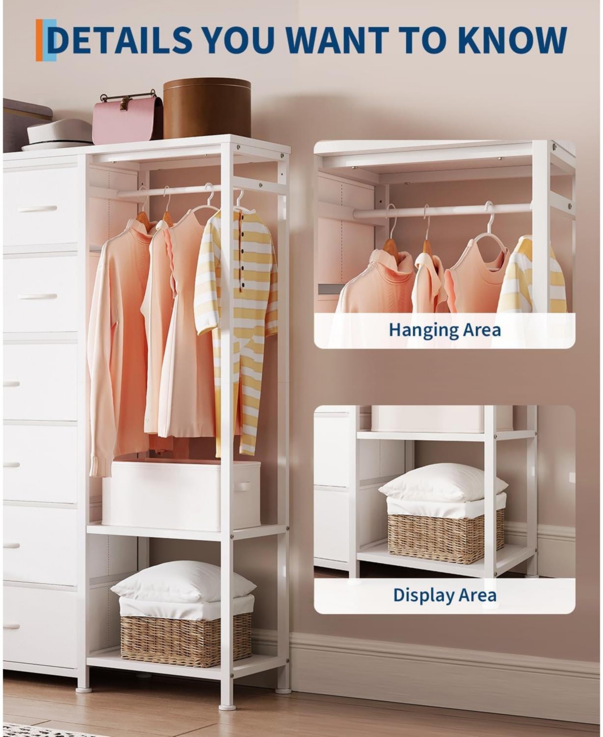 gaomon Tall Dresser for Bedroom, Fabric Dressers with 16 Drawers & Clothes Rack & 2 Storage Shelves, Pu Closet Dresser with Hanging Space