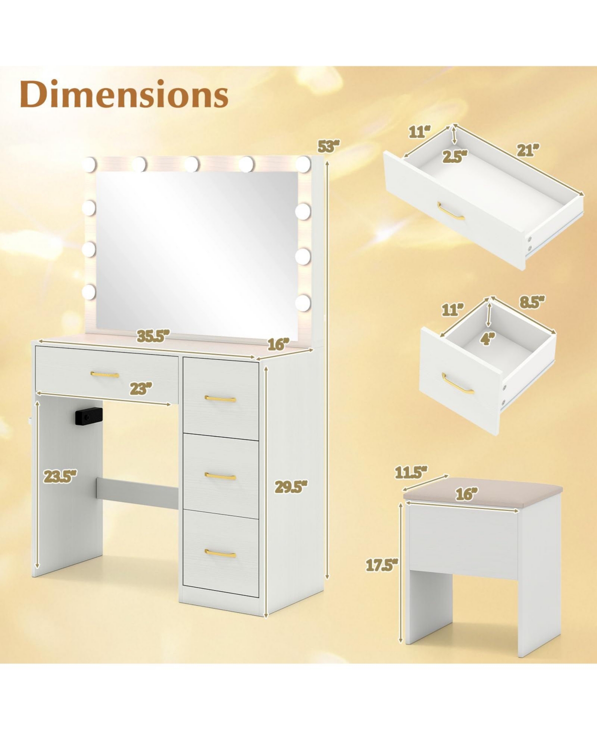 Vanity Desk with Lighted Mirror and Power Outlets, Makeup Dressing Table