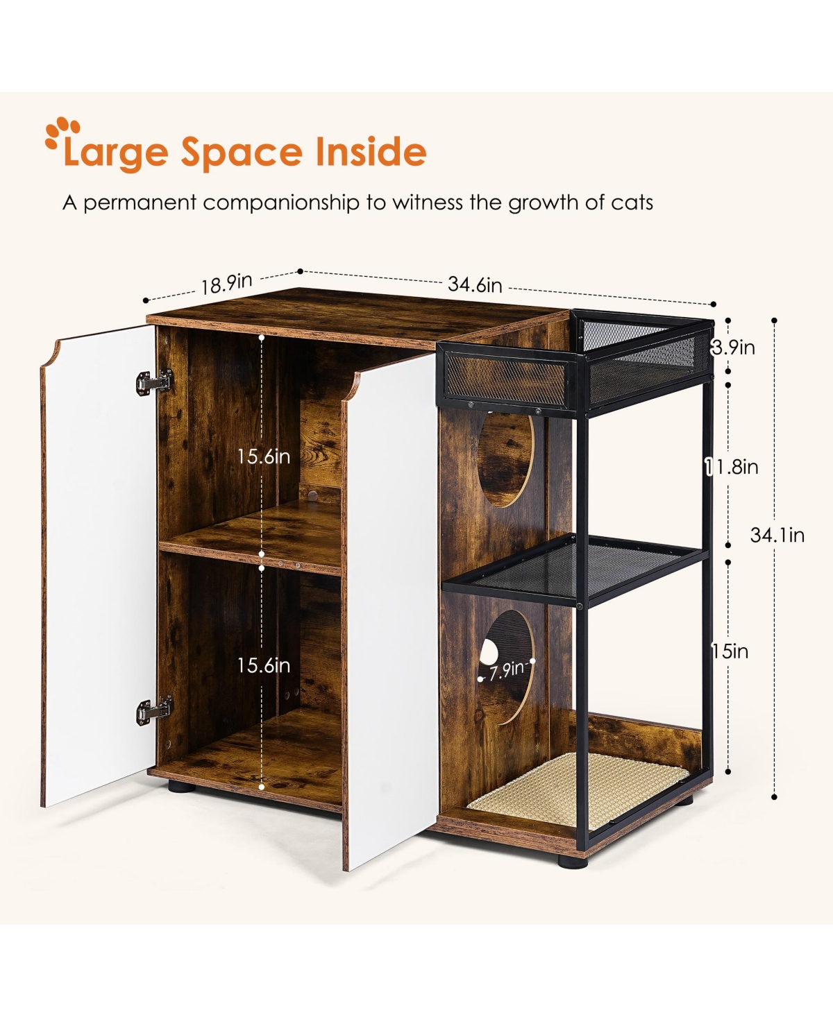 Cozito Double Cat Litter Box Enclosure Furniture Cabinet with Side Openings and Splash Pads.