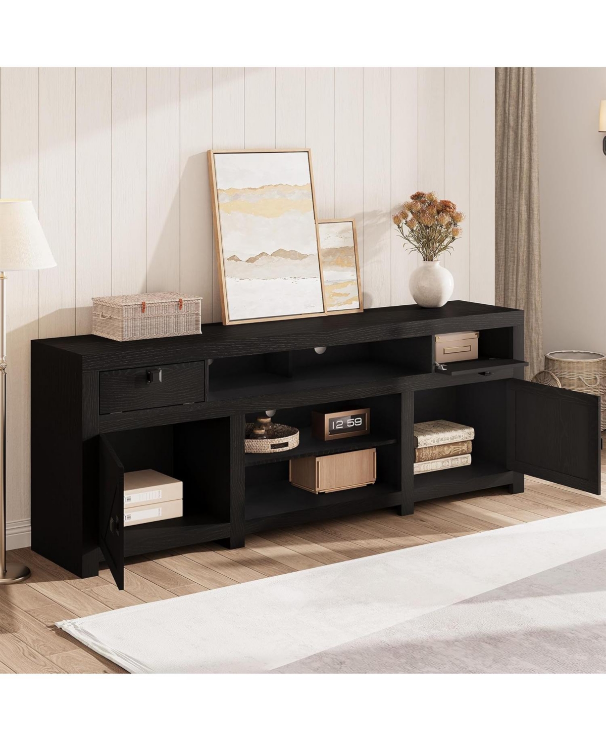 gaomon Farmhouse Wooden Tv Cabinet for 65 in TVs, 25 in Tall Entertainment Center with 2 Drawers, 2 Cabinets, and 2 Open Storage Spaces