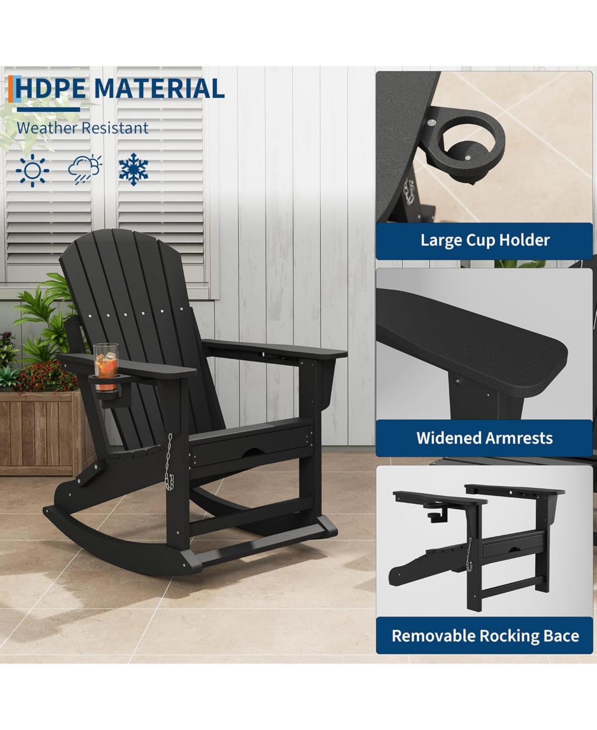 4-in-1 Folding Adirondack Rocker - Ottoman & Cup Holders, Hdpe 380LBS 304 Steel, 80% Pre-Assembled (Grey, 1pc)