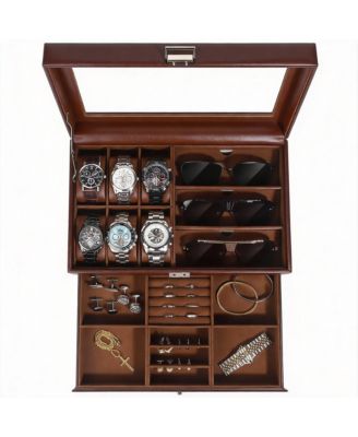 Premium Leather Watch & Jewelry Organizer with Glass Lid