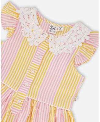 Big Girls Sleeveless Dress with Crochet Peter Pan Collar Pink and Yellow Stripes