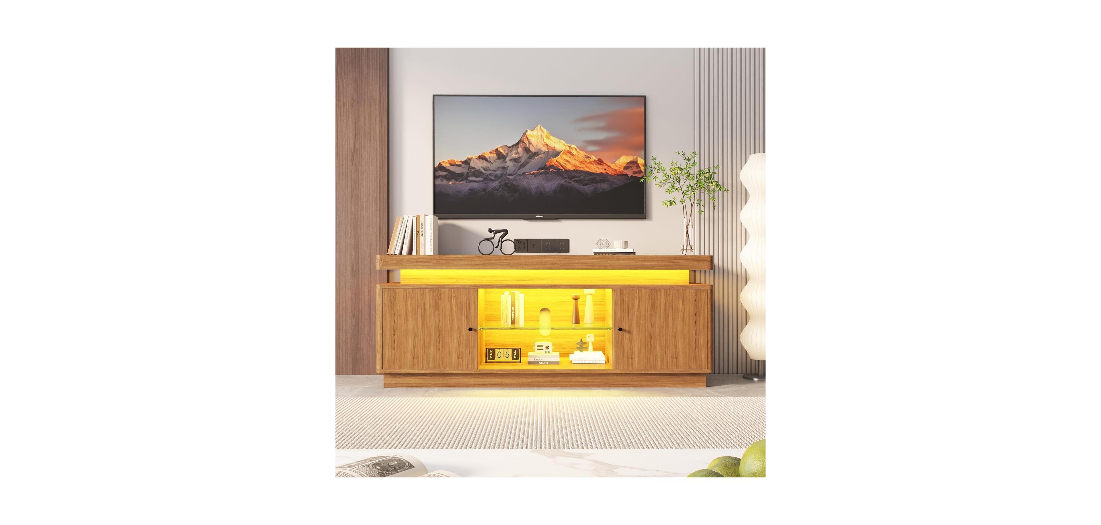 gaomon Brown 63" Tv Stand Entertainment Center with Power Outlet for Living Room