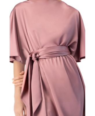 Women's Short Satin Dress with Waist Tie