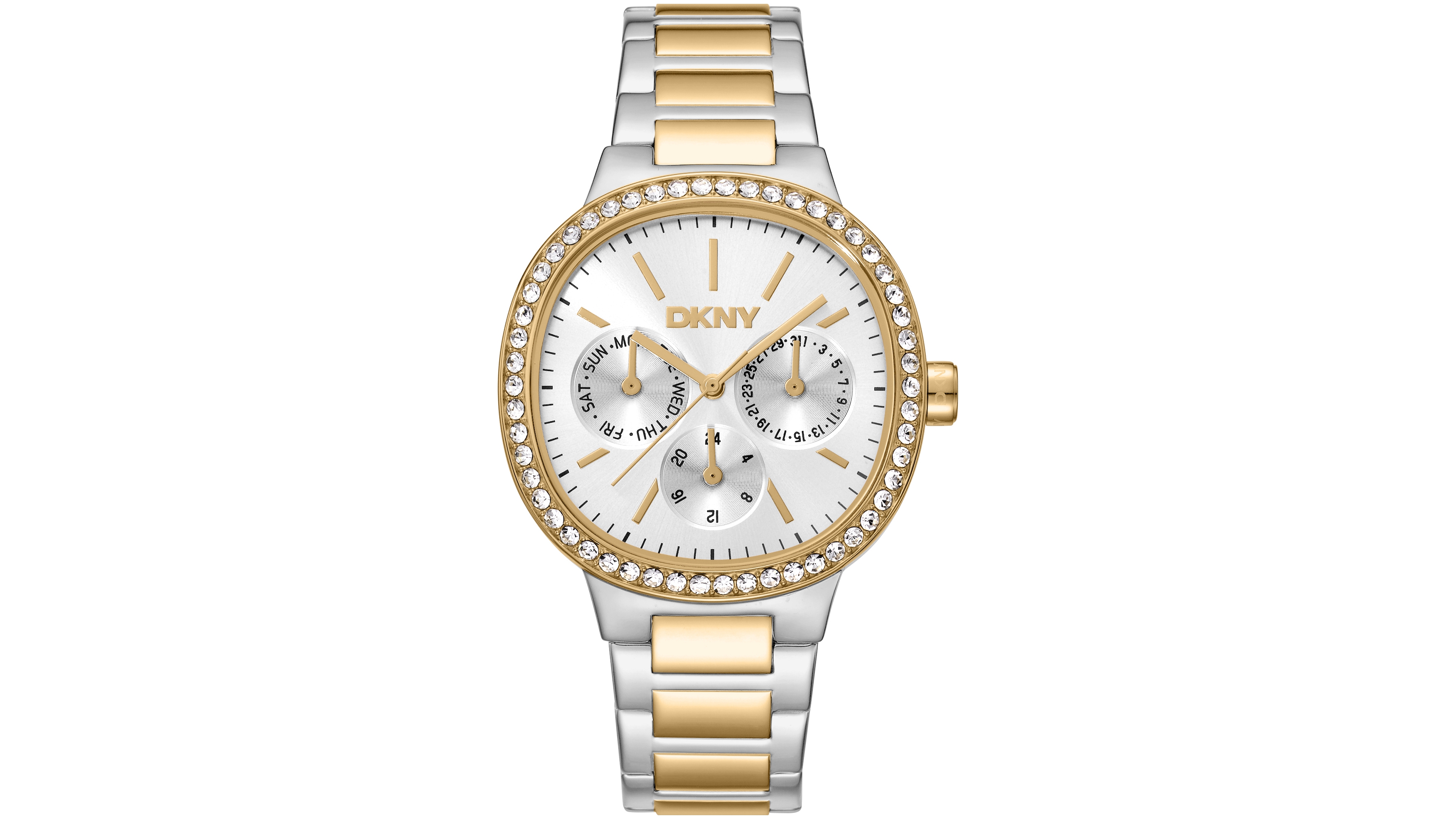 Dkny Women's Silver Dial Crystal Bezel Two-Tone Gold Stainless Steel Bracelet Multifunctional Watch, 36mm