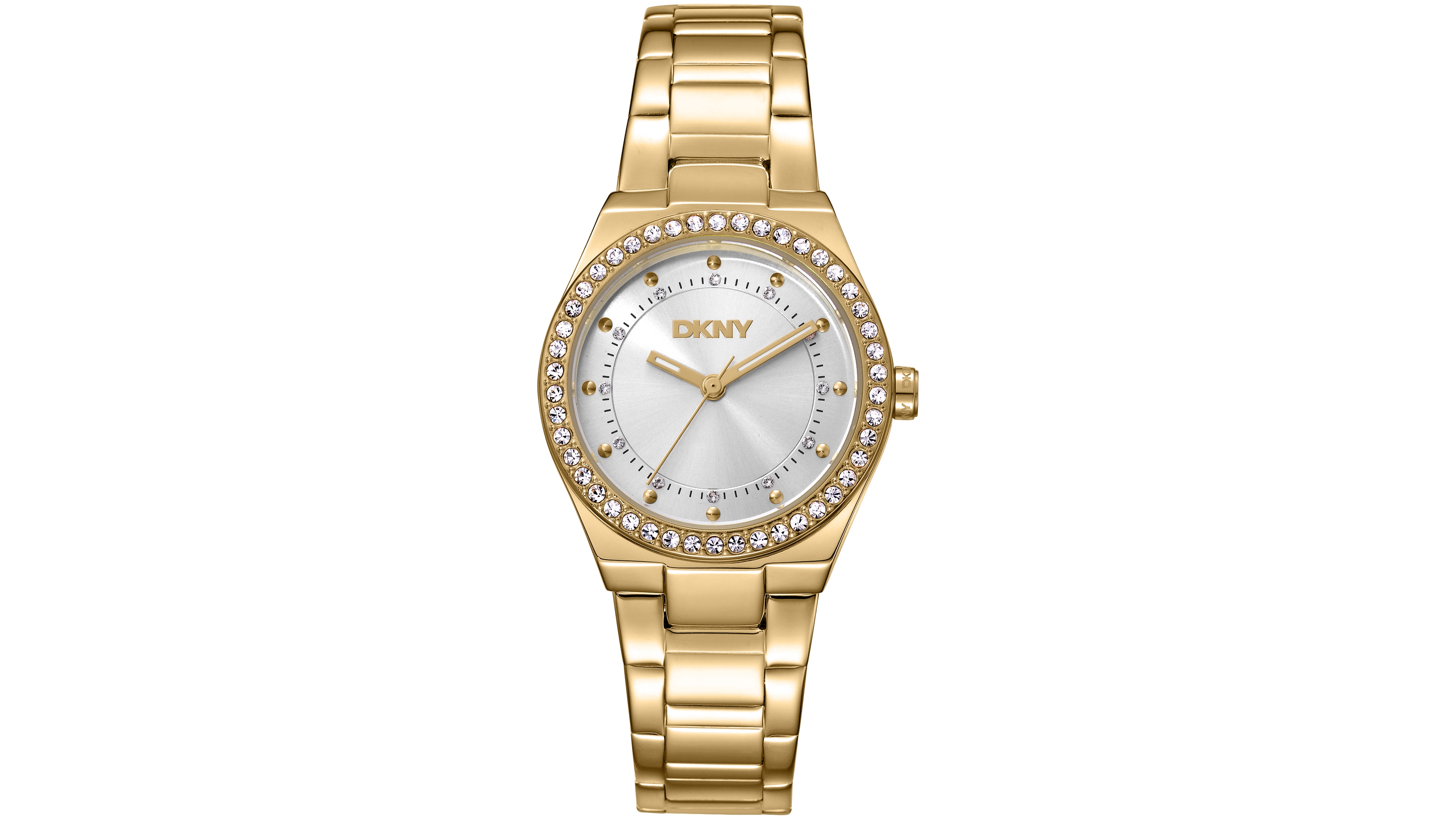 Dkny Women's Silver Dial Crystal Dial Markers Crystal Bezel Gold-Tone Stainless Steel Bracelet Watch, 30mm