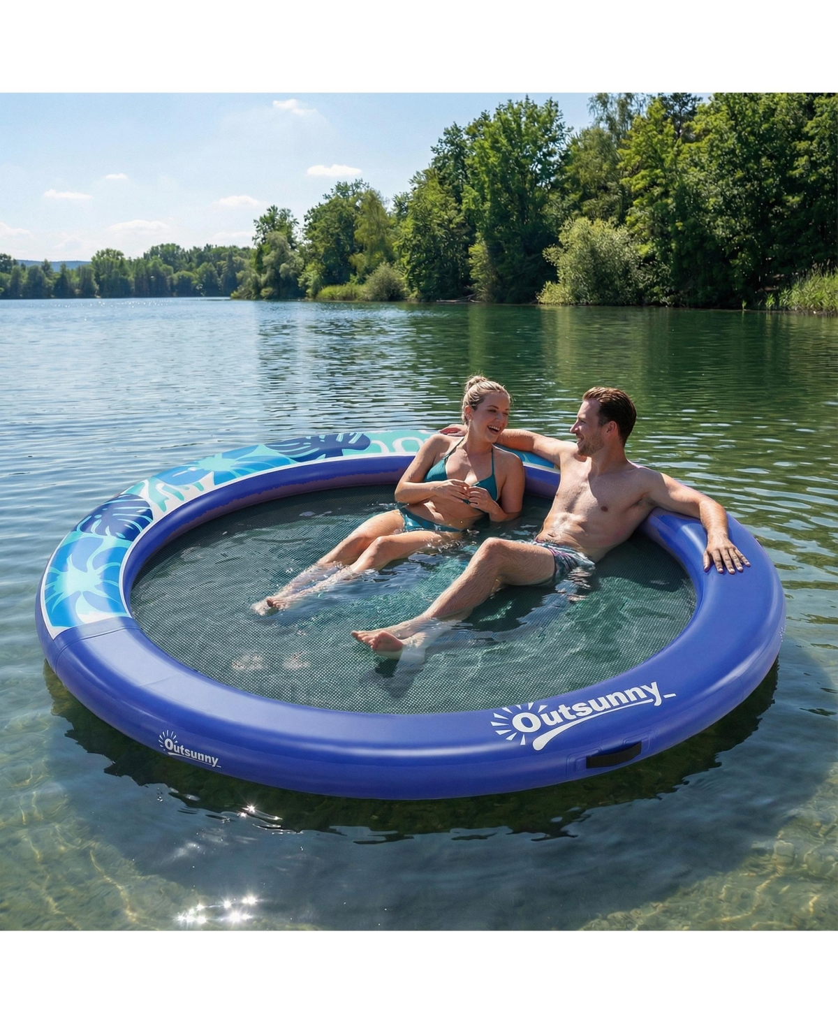 Outsunny 8FT Inflatable Water Hammock Floating Ring Dock Platform,
