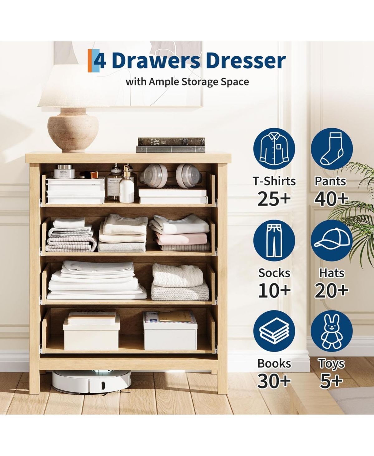 gaomon 4 Drawer Dresser, Oak Wooden Chest of Drawers with Metal Handles, Storage Cabinet for Bedroom Nursery Living Room Closet