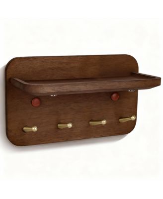 Solid Wood Key Holder with 4 Brass Hooks, Anti-Slip Groove, and 15° Incline