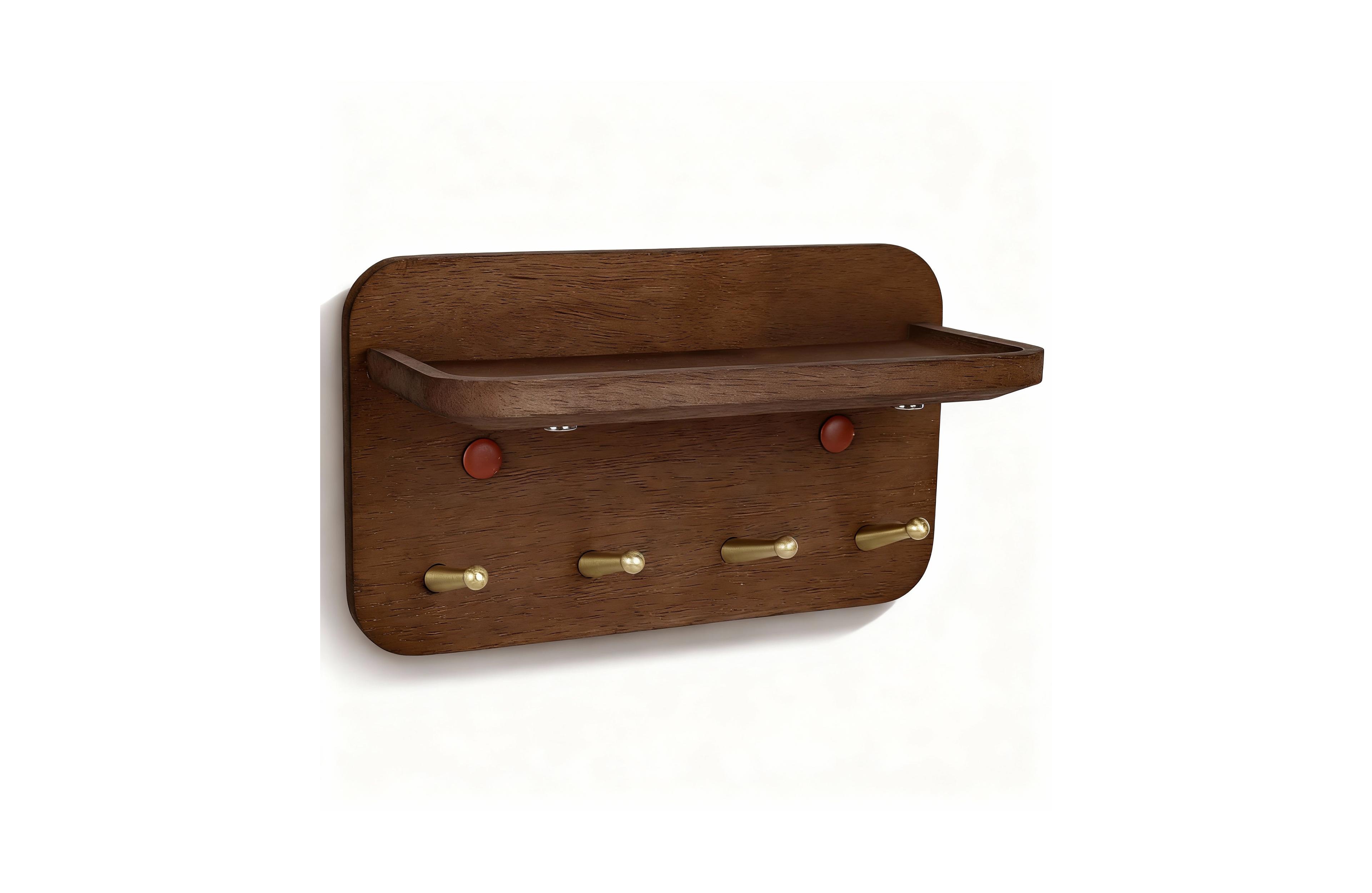 Yigii Solid Wood Key Holder with 4 Brass Hooks, Anti-Slip Groove, and 15° Incline