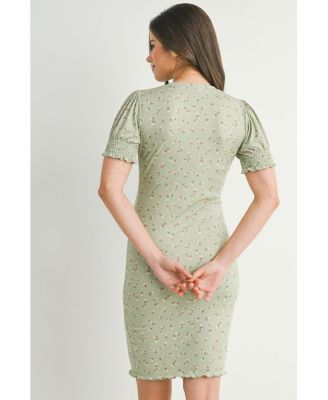 Maternity Floral Ribbed Mini Dress with Short Puff Sleeves