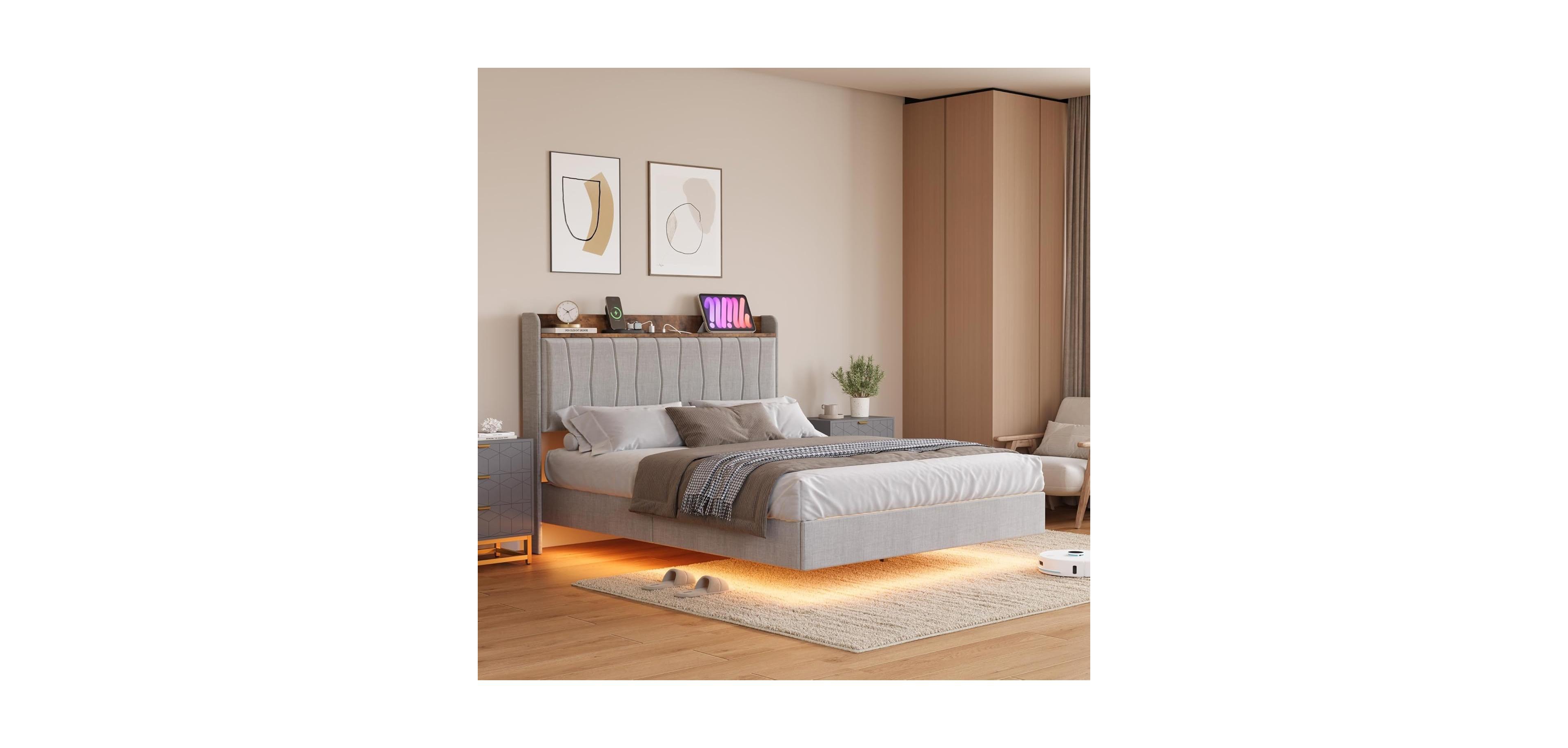 gaomon Floating Bed Frame with Led Lights & Usb Charging Station - Modern Upholstered Platform Headboard, Solid Wood Slats Support